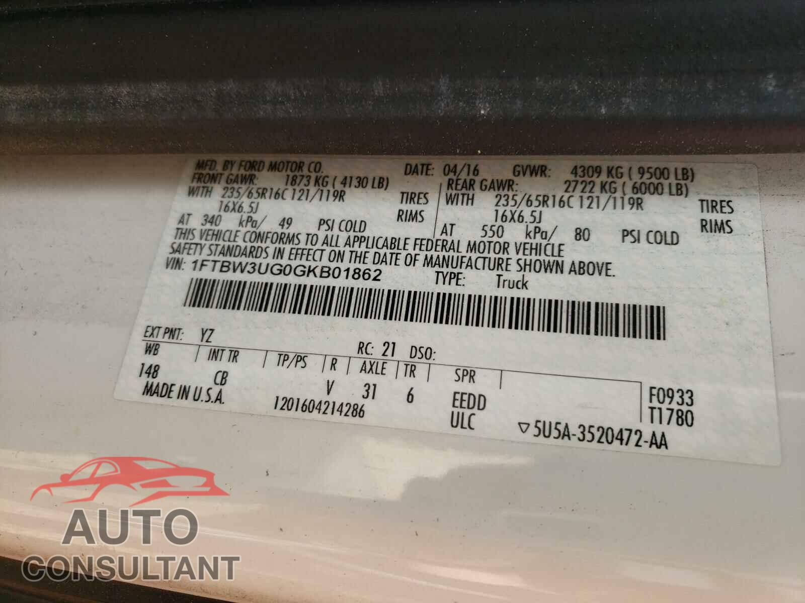 FORD TRANSIT CO 2016 - 1FTBW3UG0GKB01862