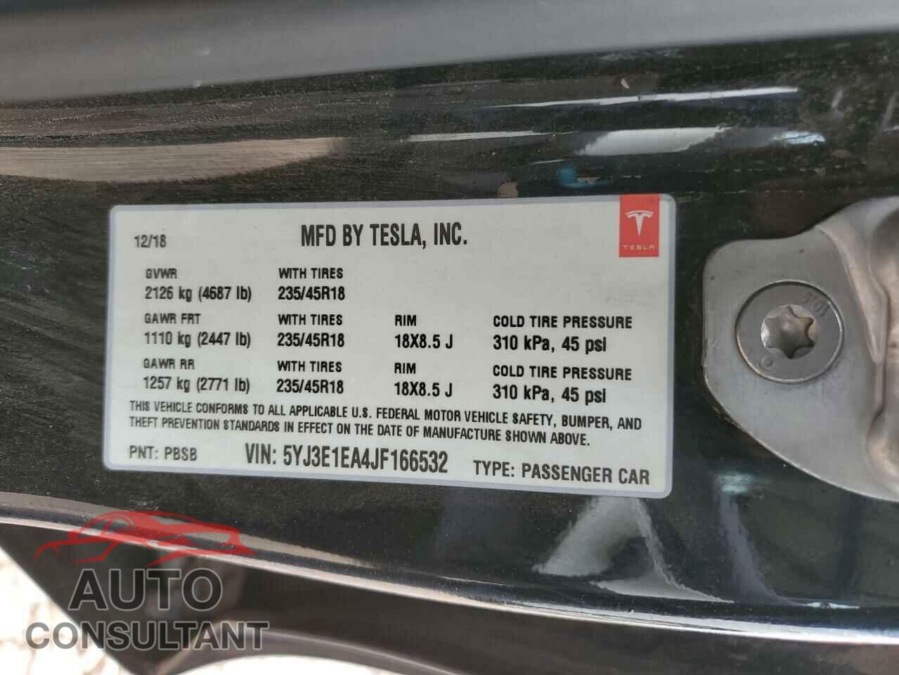 TESLA MODEL 3 2018 - 5YJ3E1EA4JF166532