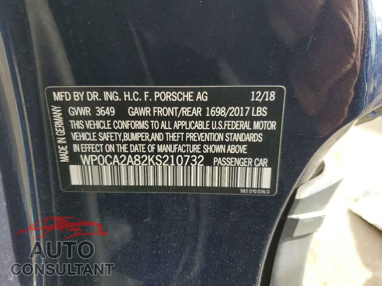 PORSCHE BOXSTER 2019 - WP0CA2A82KS210732