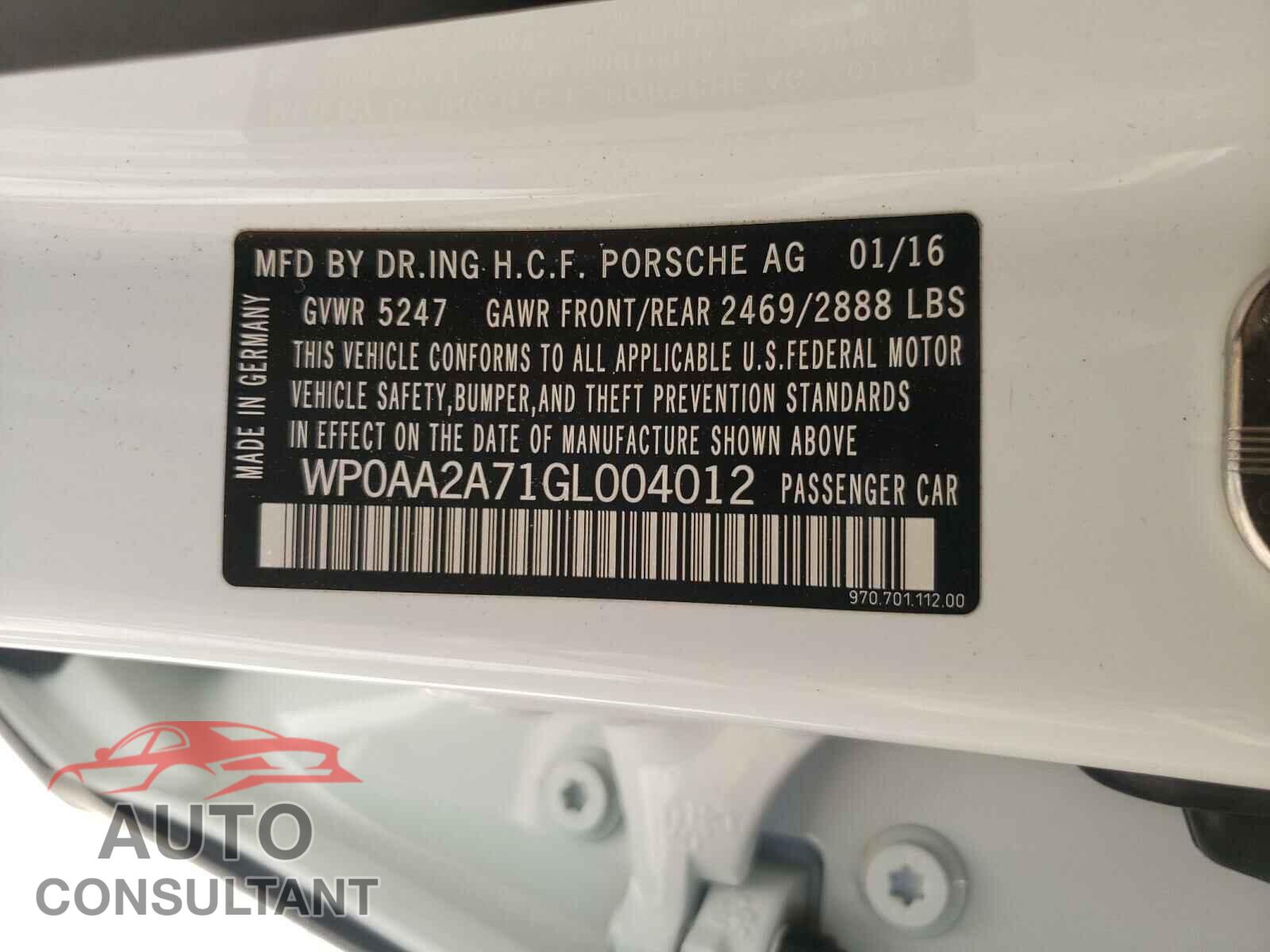 PORSCHE PANAMERA 2016 - WP0AA2A71GL004012