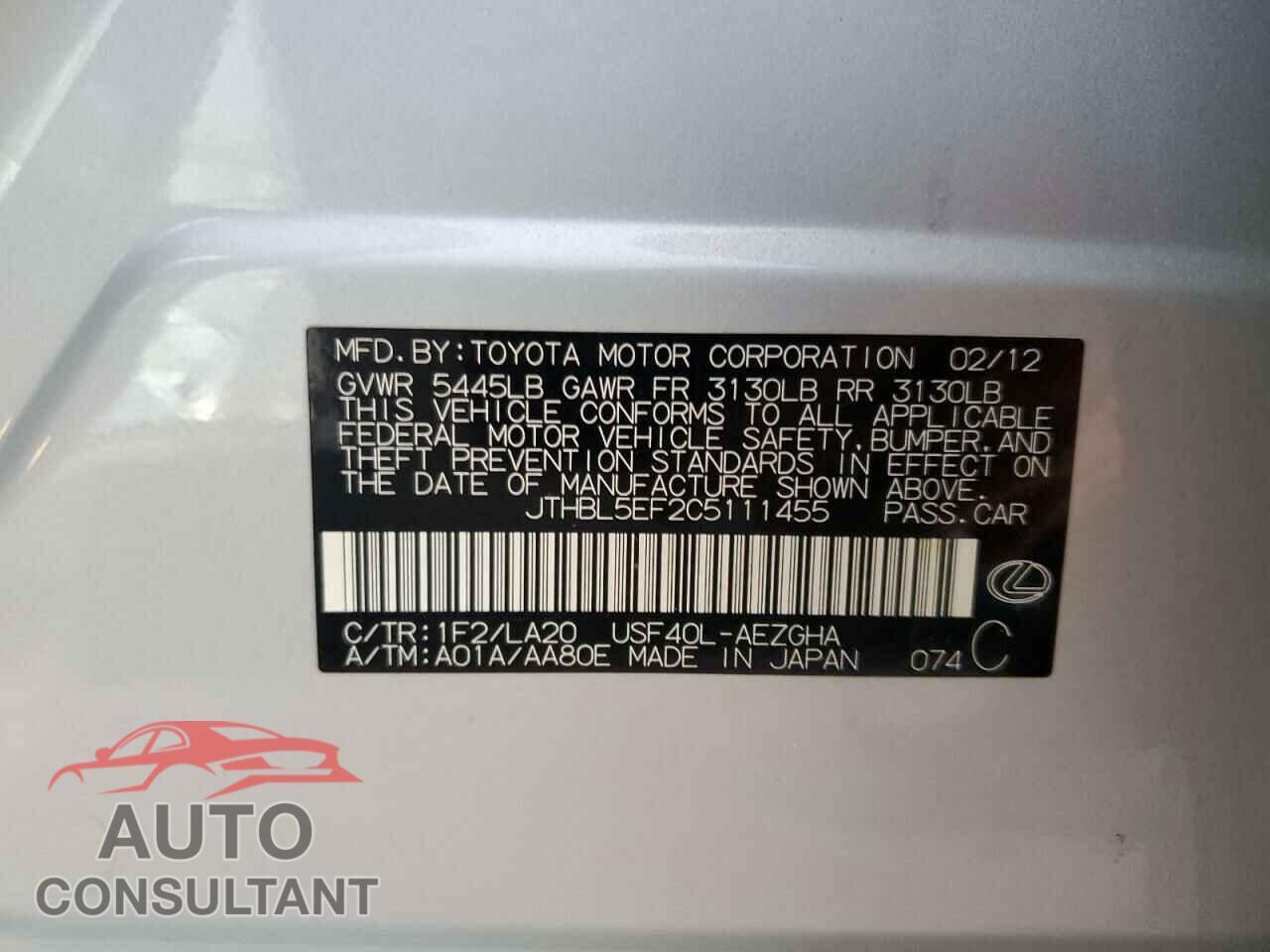 LEXUS LS460 2012 - JTHBL5EF2C5111455