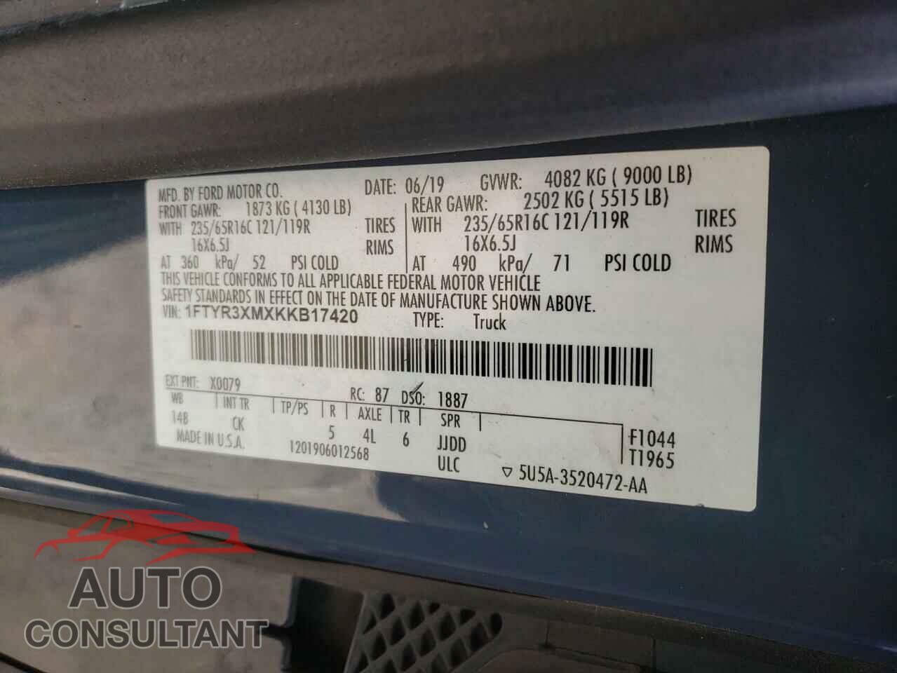 FORD TRANSIT CO 2019 - 1FTYR3XMXKKB17420