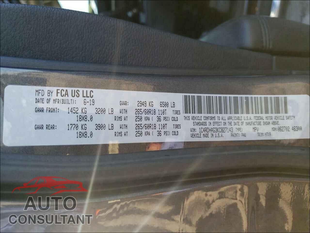 DODGE DURANGO 2019 - 1C4RDHAG3KC827143