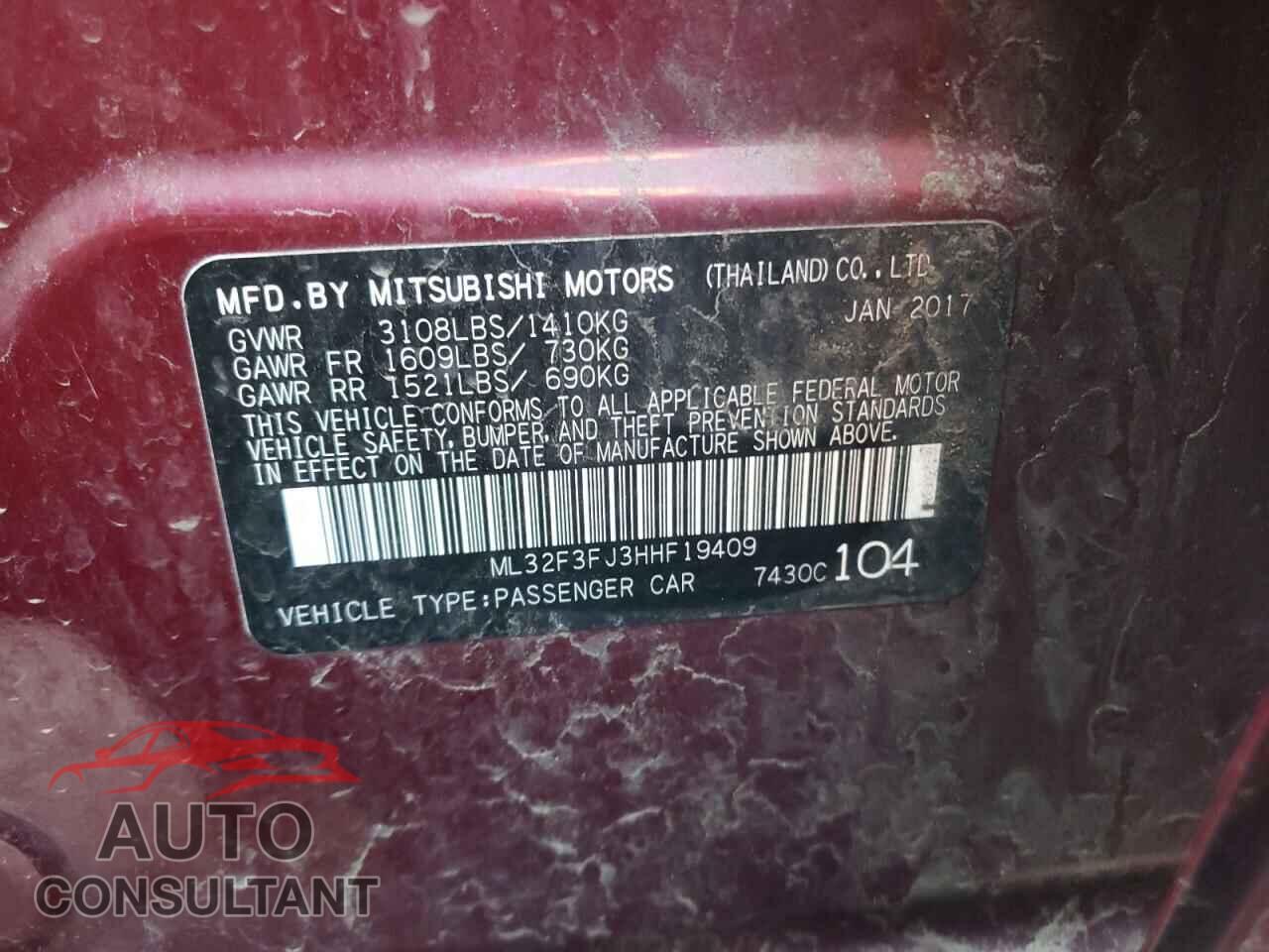 MITSUBISHI MIRAGE 2017 - ML32F3FJ3HHF19409