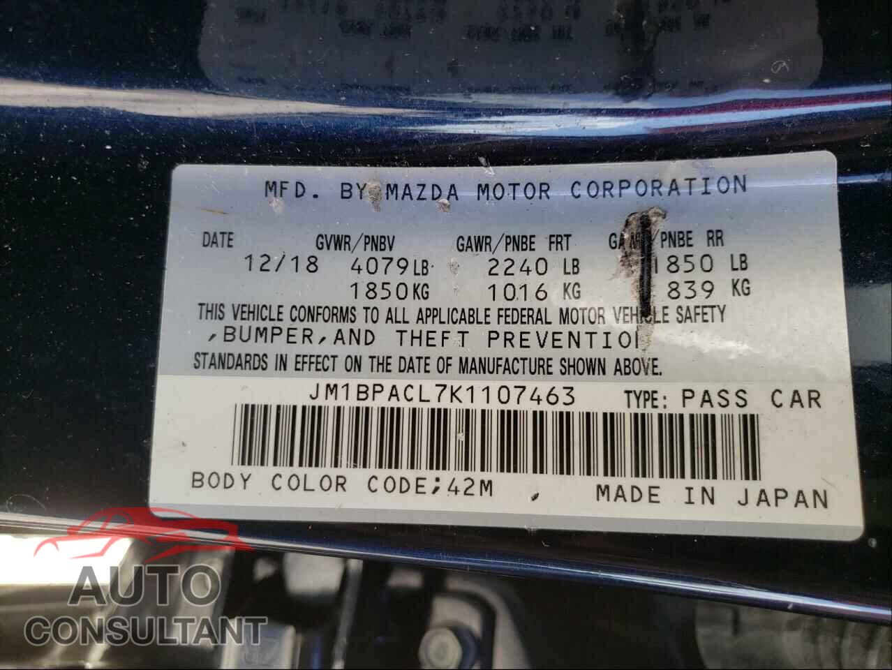 MAZDA 3 2019 - JM1BPACL7K1107463