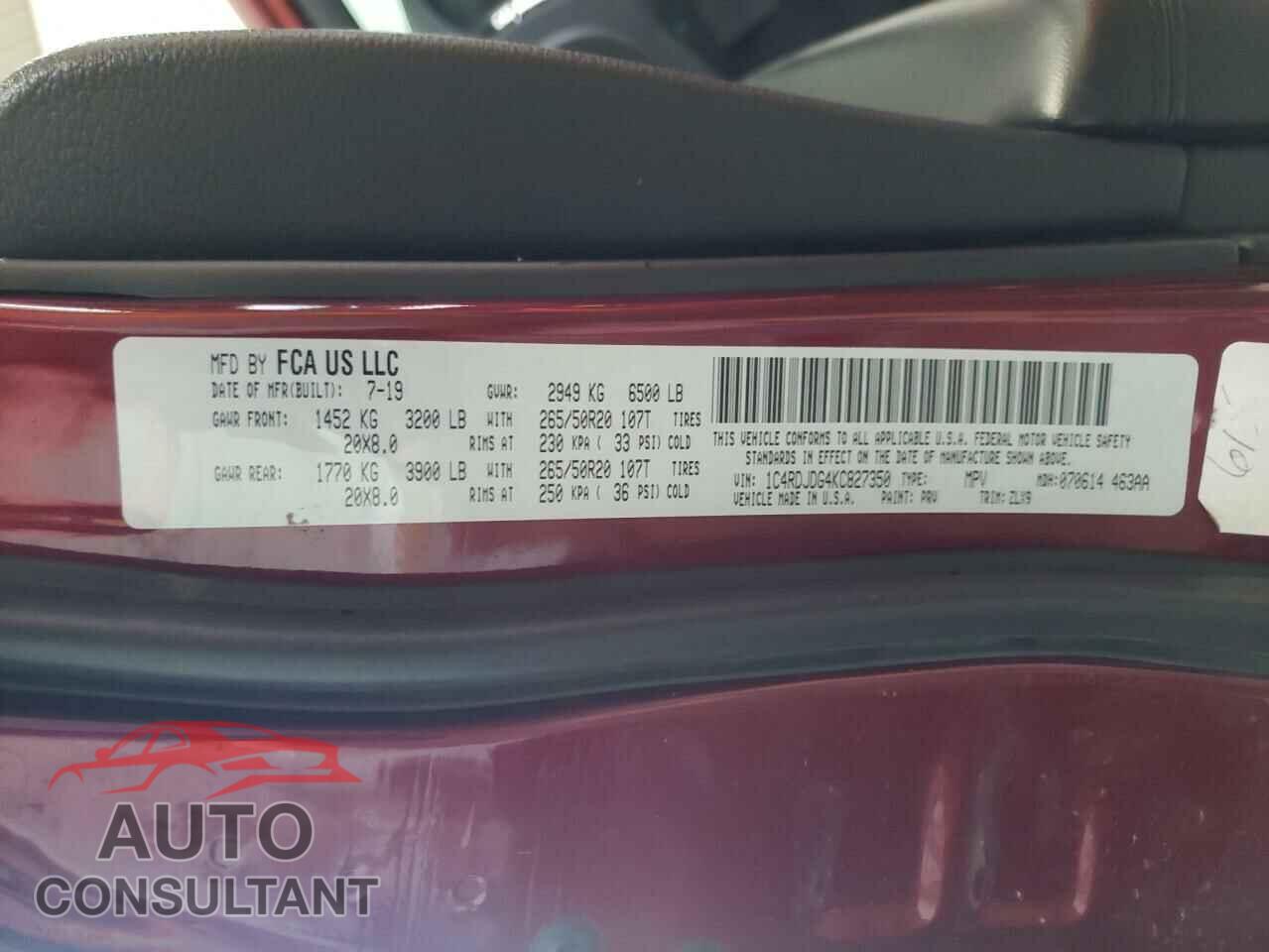 DODGE DURANGO 2019 - 1C4RDJDG4KC827350