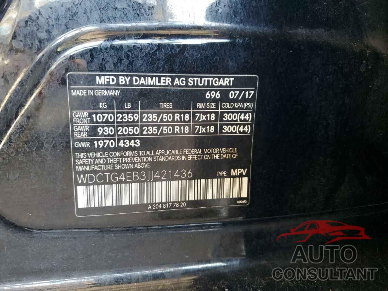 MERCEDES-BENZ GLA-CLASS 2018 - WDCTG4EB3JJ421436
