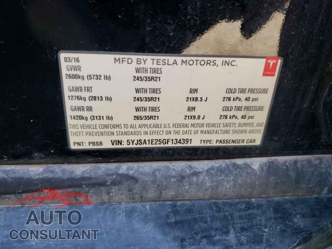 TESLA MODEL S 2016 - 5YJSA1E25GF134391