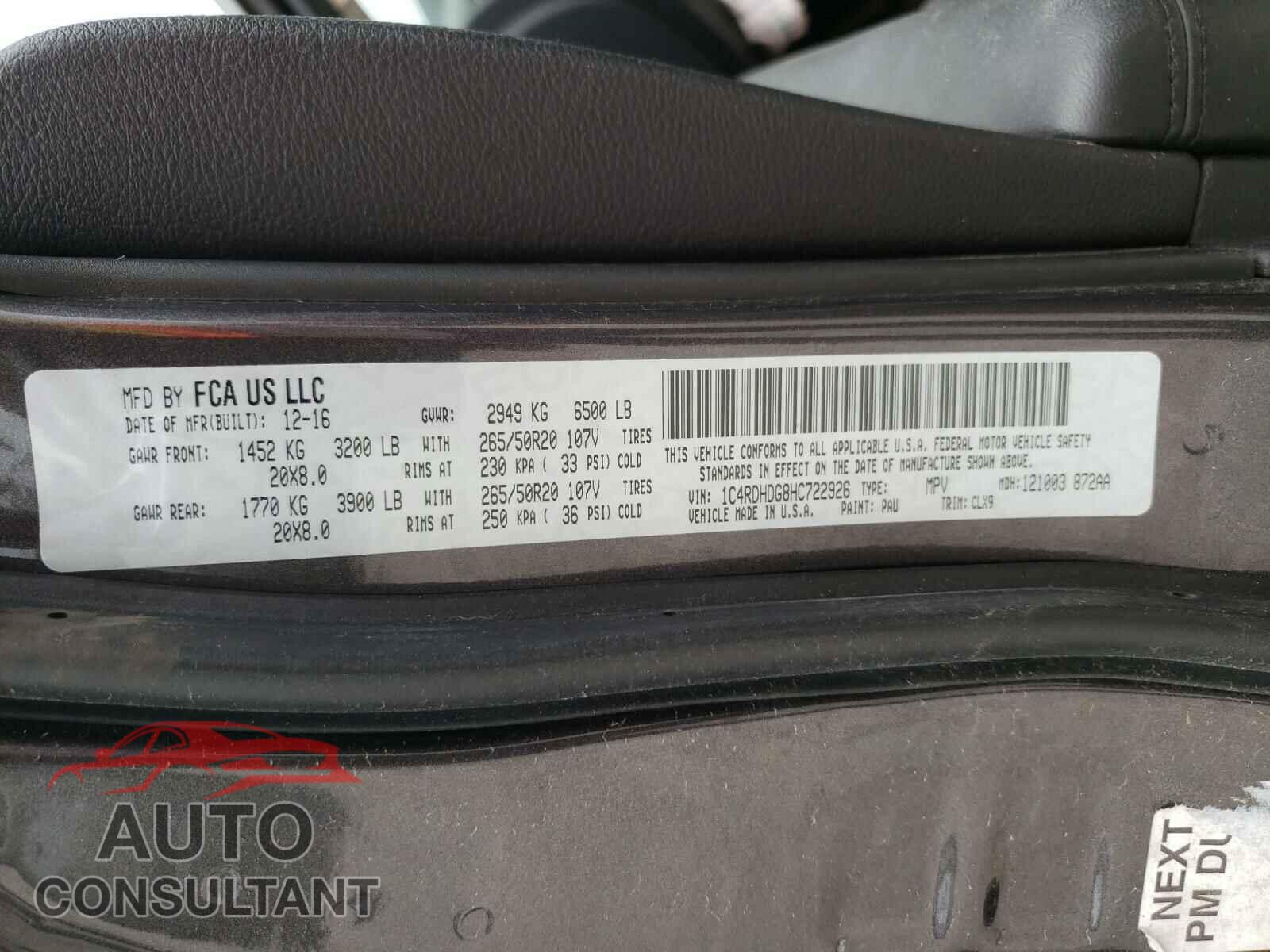 DODGE DURANGO 2017 - 1C4RDHDG8HC722926