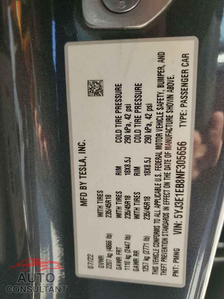TESLA MODEL 3 2022 - 5YJ3E1EB8NF305656