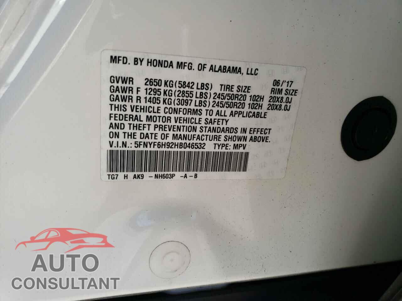 HONDA PILOT 2017 - 5FNYF6H92HB046532