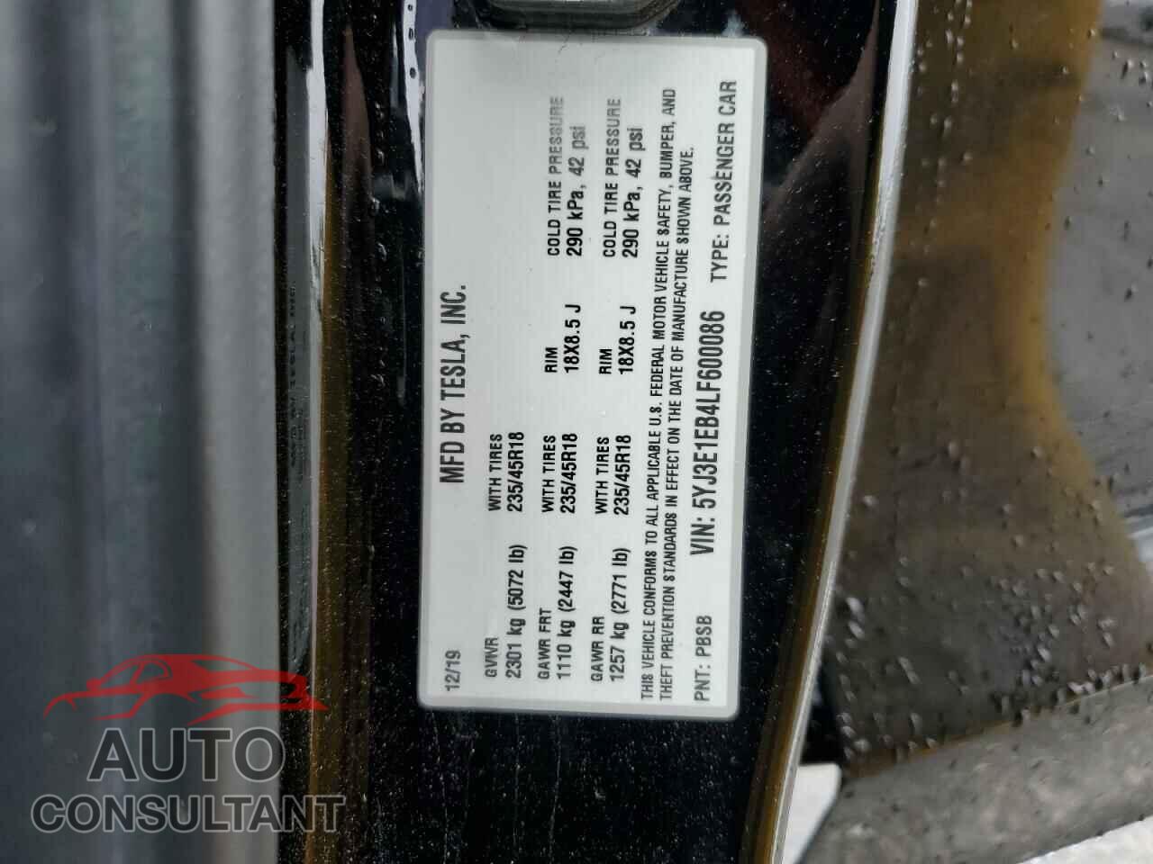 TESLA MODEL 3 2020 - 5YJ3E1EB4LF600086