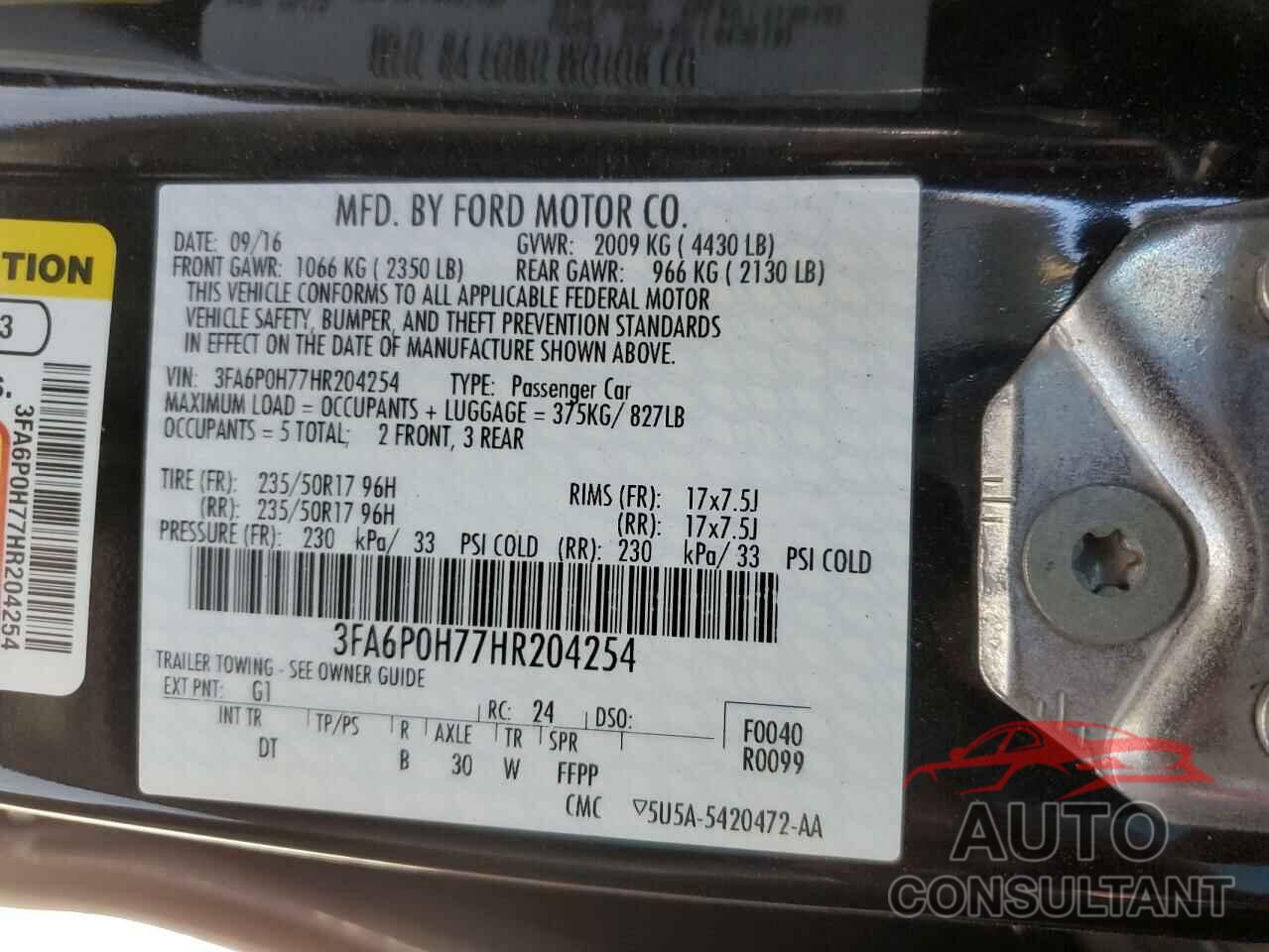 FORD FUSION 2017 - 3FA6P0H77HR204254