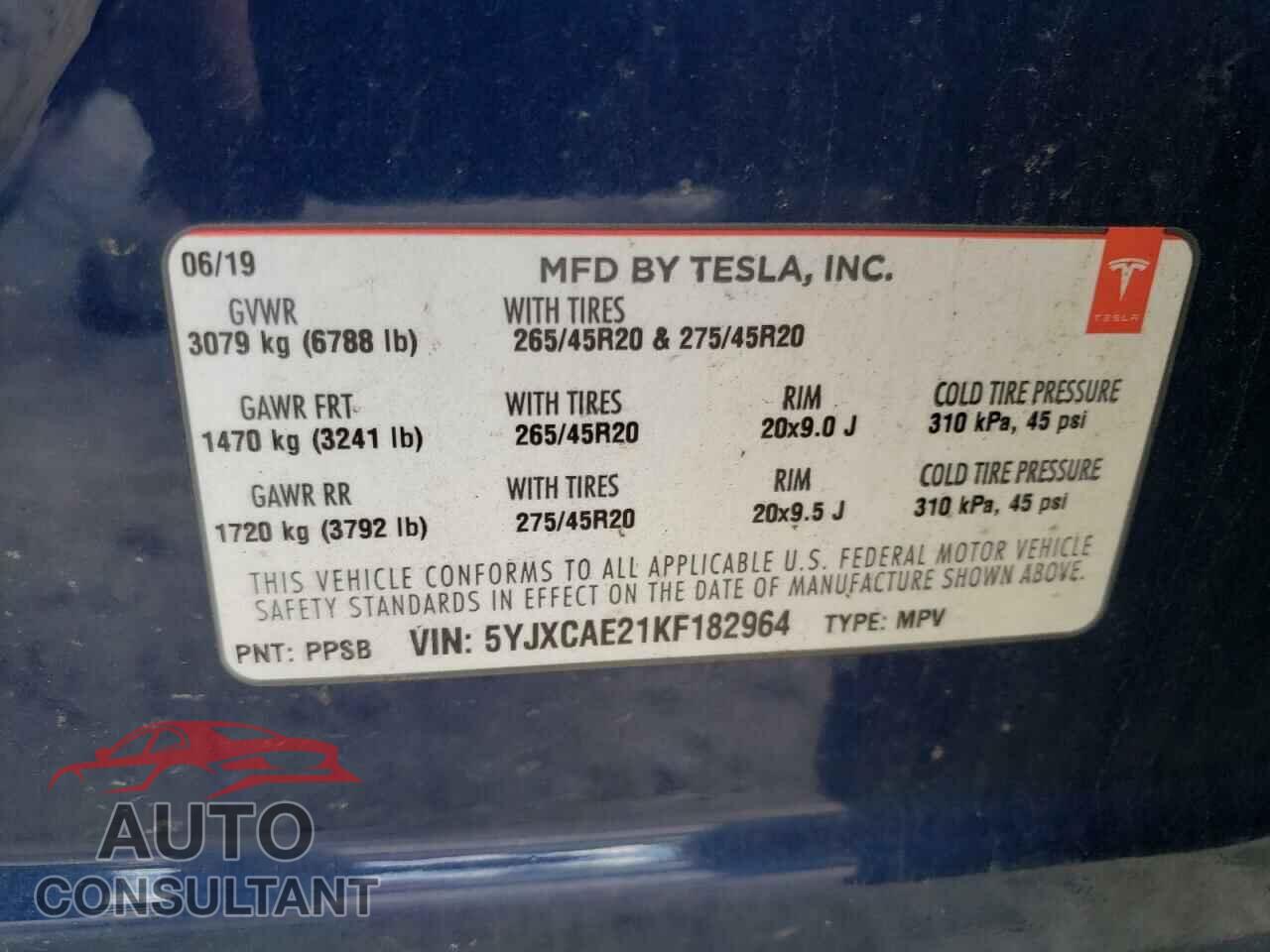 TESLA MODEL X 2019 - 5YJXCAE21KF182964