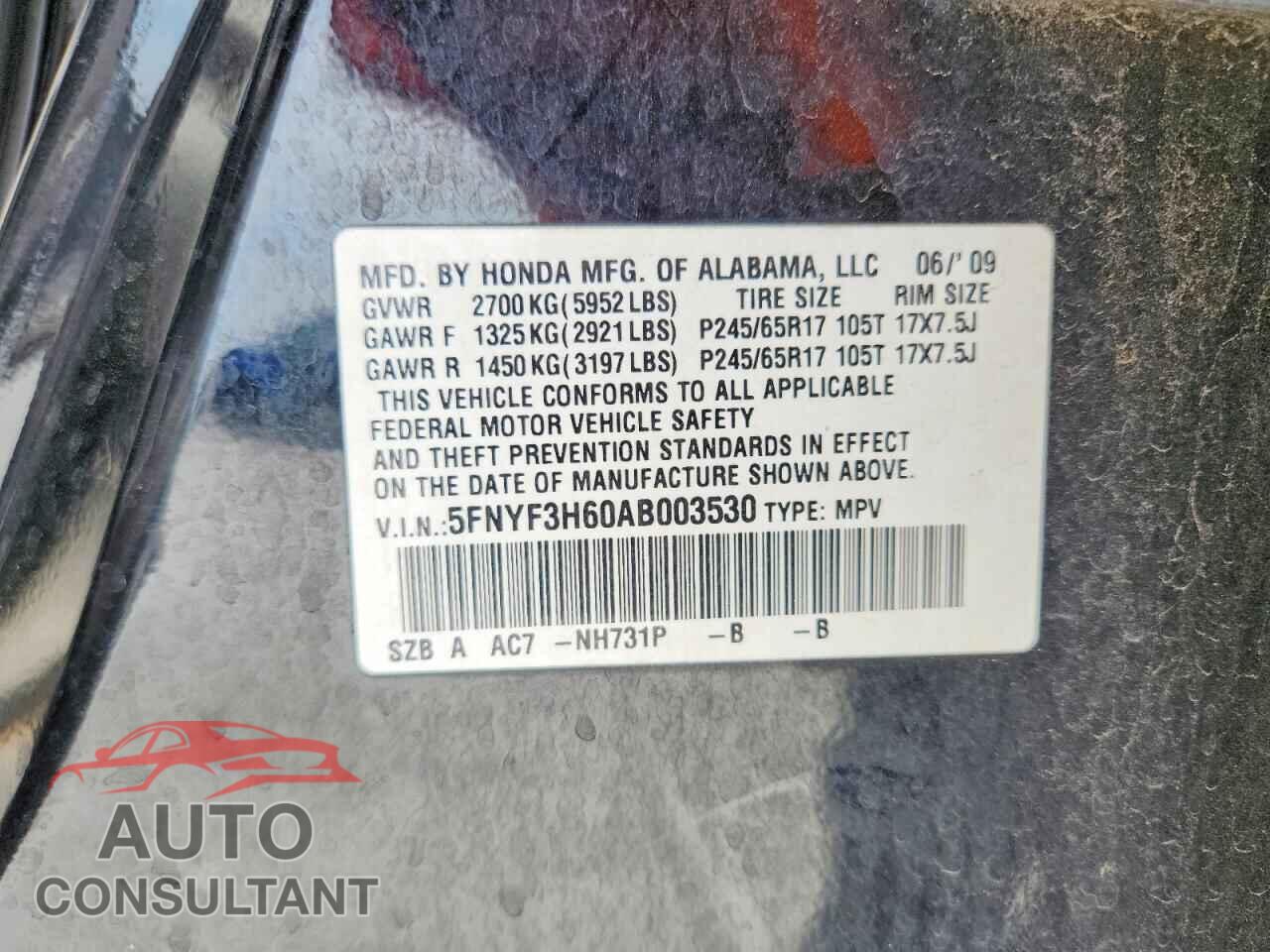 HONDA PILOT 2010 - 5FNYF3H60AB003530