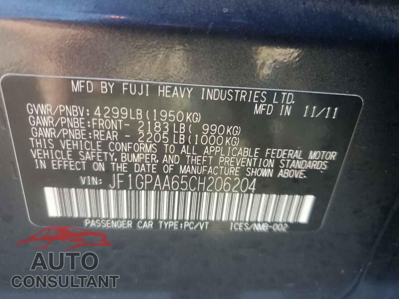 SUBARU IMPREZA 2012 - JF1GPAA65CH206204