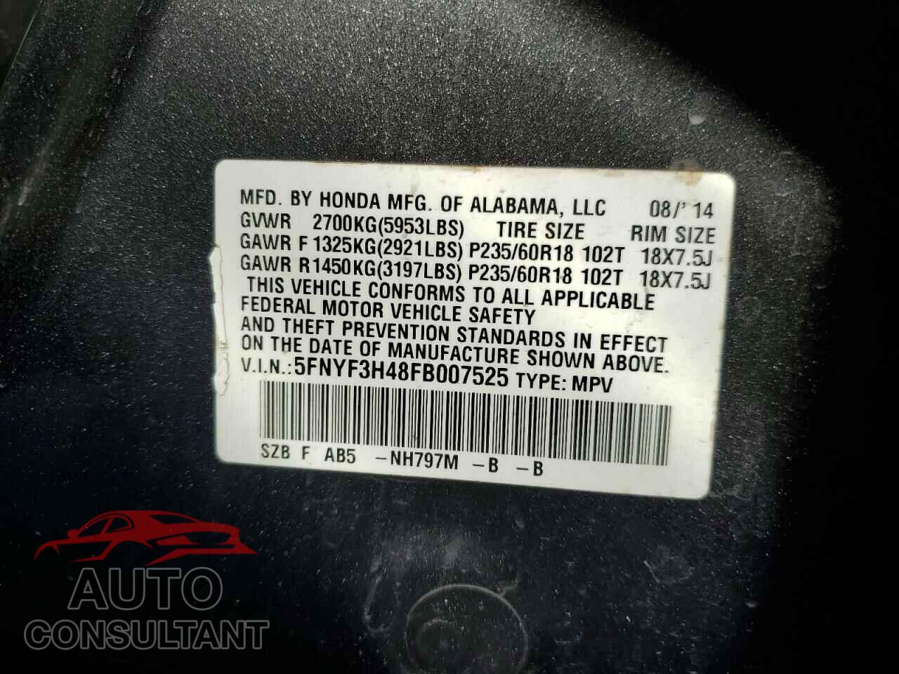HONDA PILOT 2015 - 5FNYF3H48FB007525