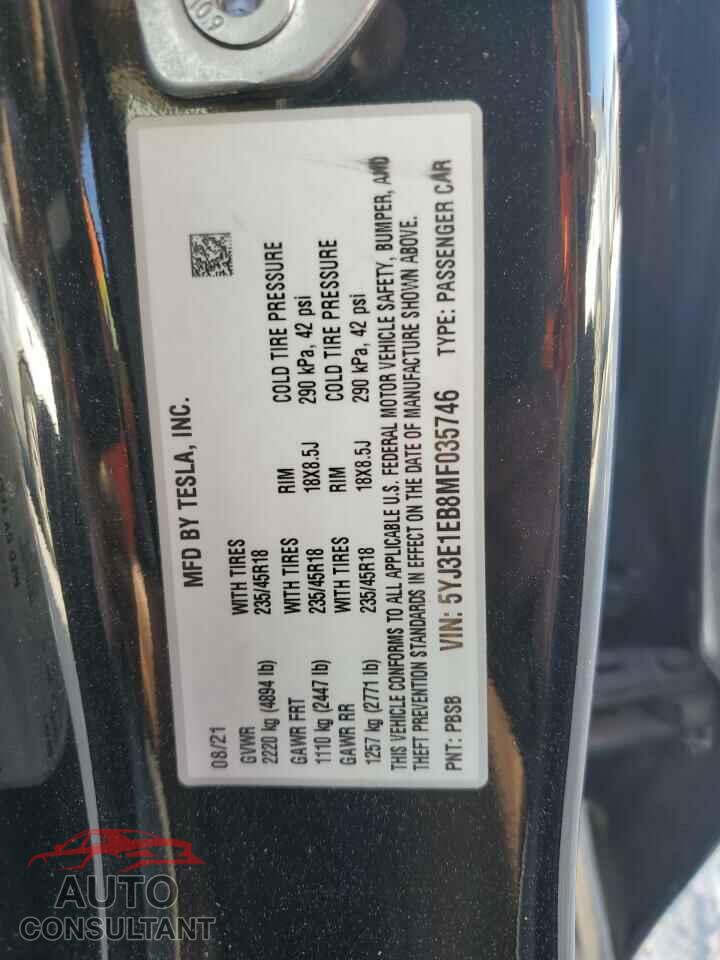 TESLA MODEL 3 2021 - 5YJ3E1EB8MF035746