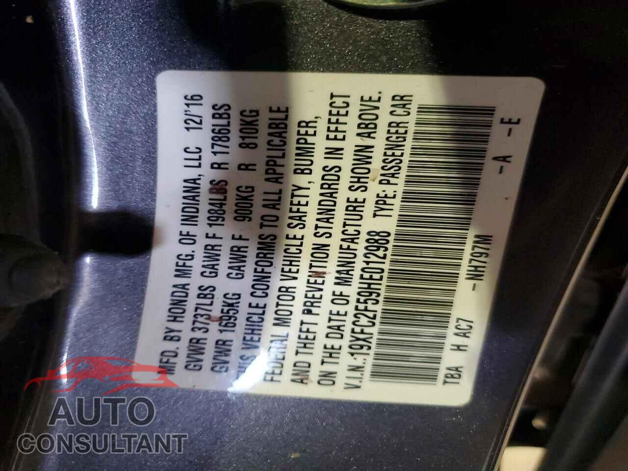HONDA CIVIC 2017 - 19XFC2F59HE012988
