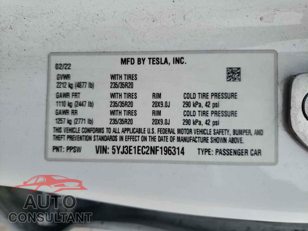 TESLA MODEL 3 2022 - 5YJ3E1EC2NF196314