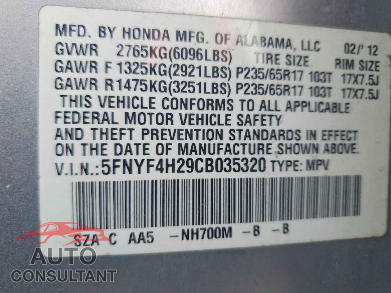 HONDA PILOT 2012 - 5FNYF4H29CB035320