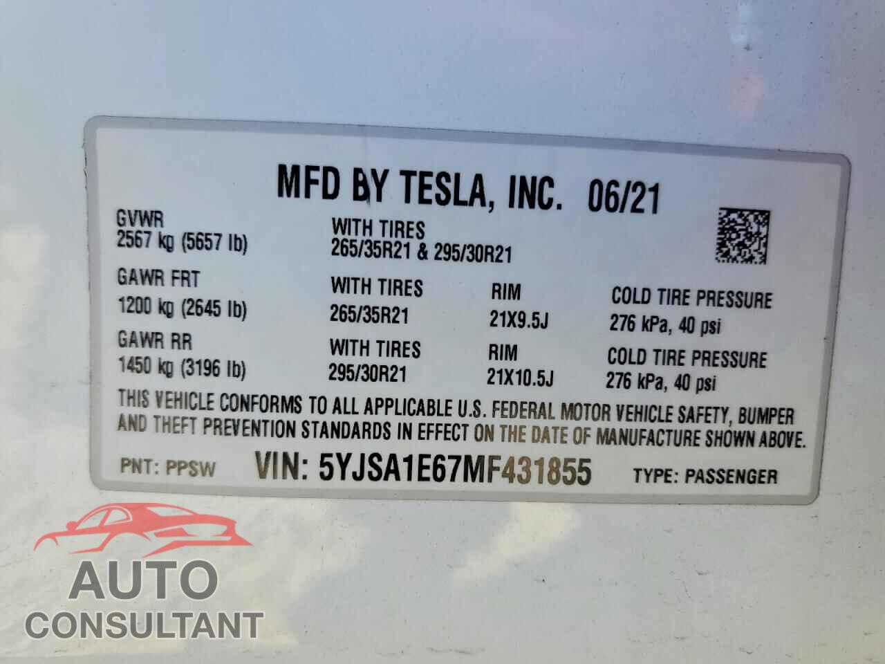 TESLA MODEL S 2021 - 5YJSA1E67MF431855