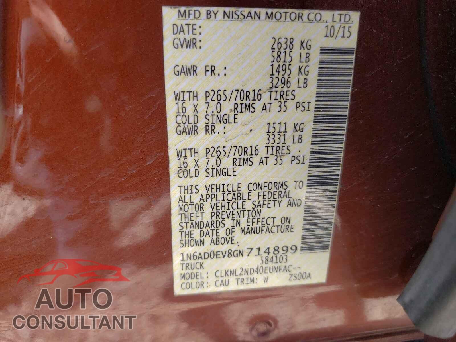 NISSAN FRONTIER 2016 - 1N6AD0EV8GN714899