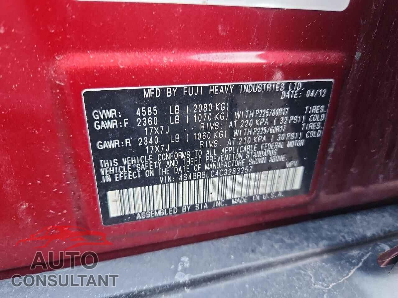 SUBARU OUTBACK 2012 - 4S4BRBLC4C3283257