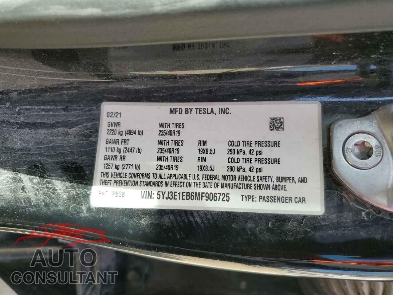 TESLA MODEL 3 2021 - 5YJ3E1EB6MF906725