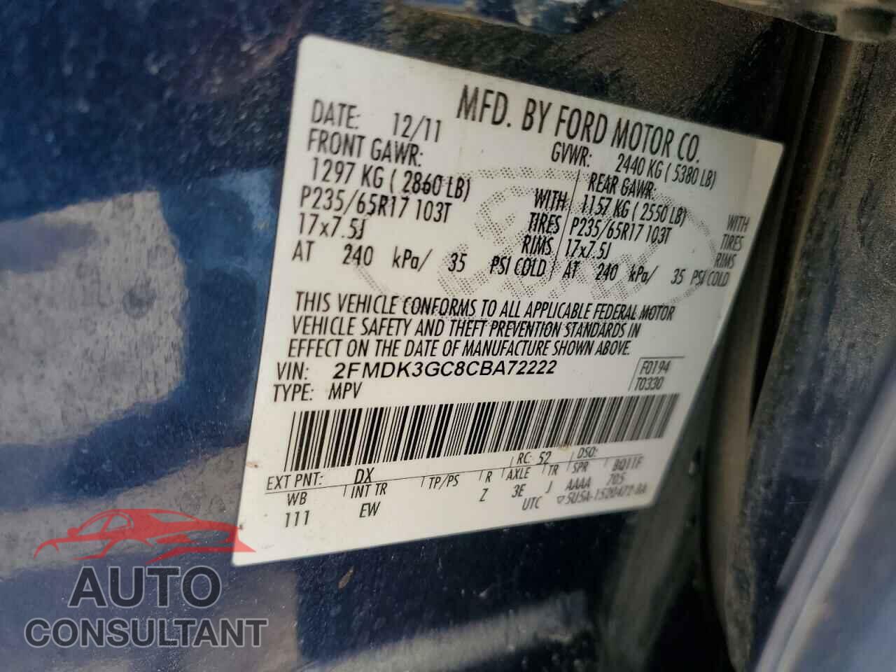 FORD EDGE 2012 - 2FMDK3GC8CBA72222