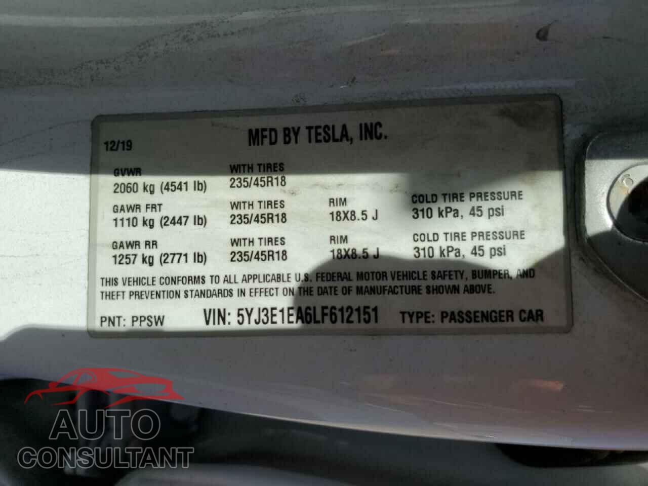 TESLA MODEL 3 2020 - 5YJ3E1EA6LF612151