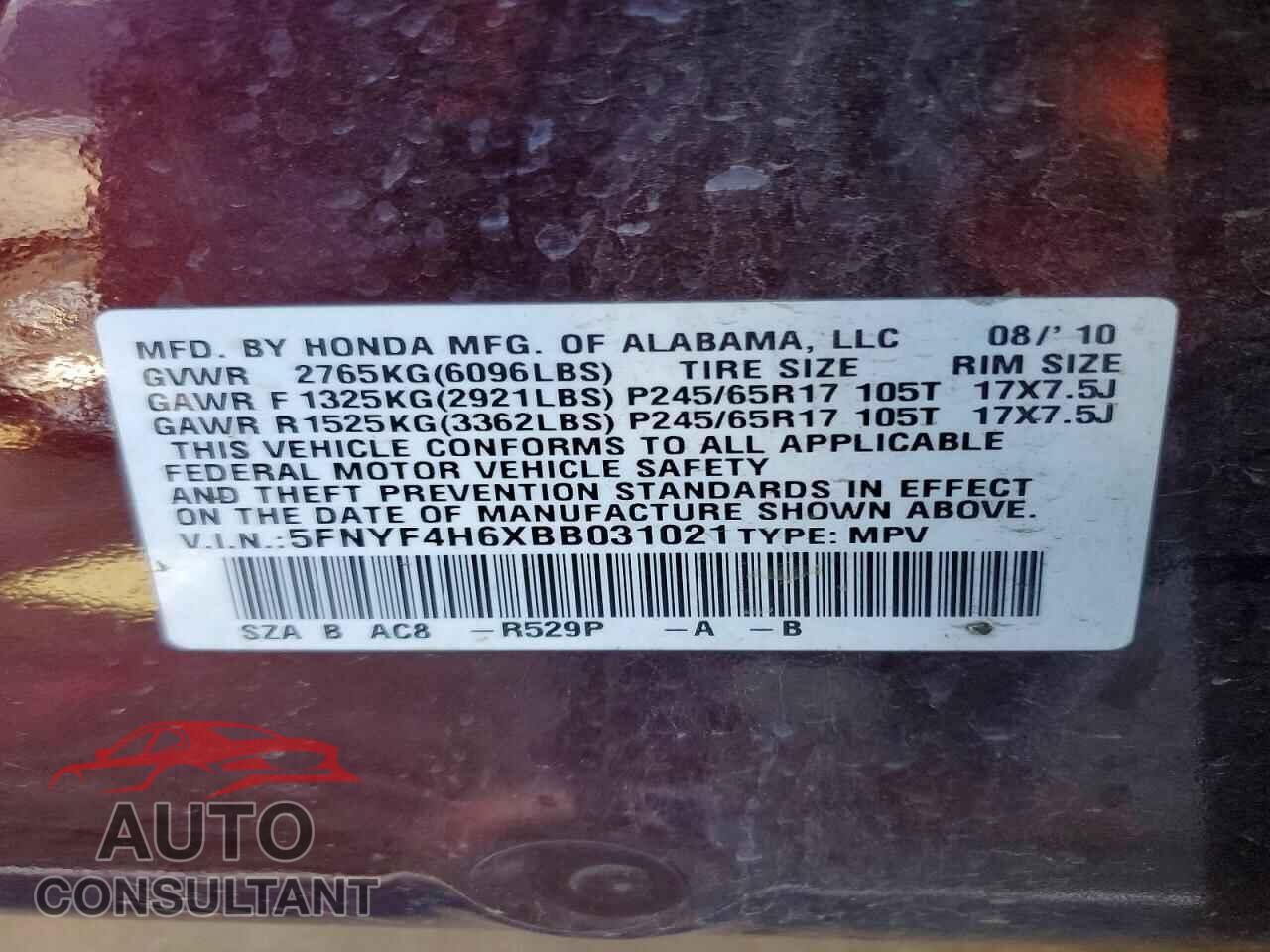 HONDA PILOT 2011 - 5FNYF4H6XBB031021