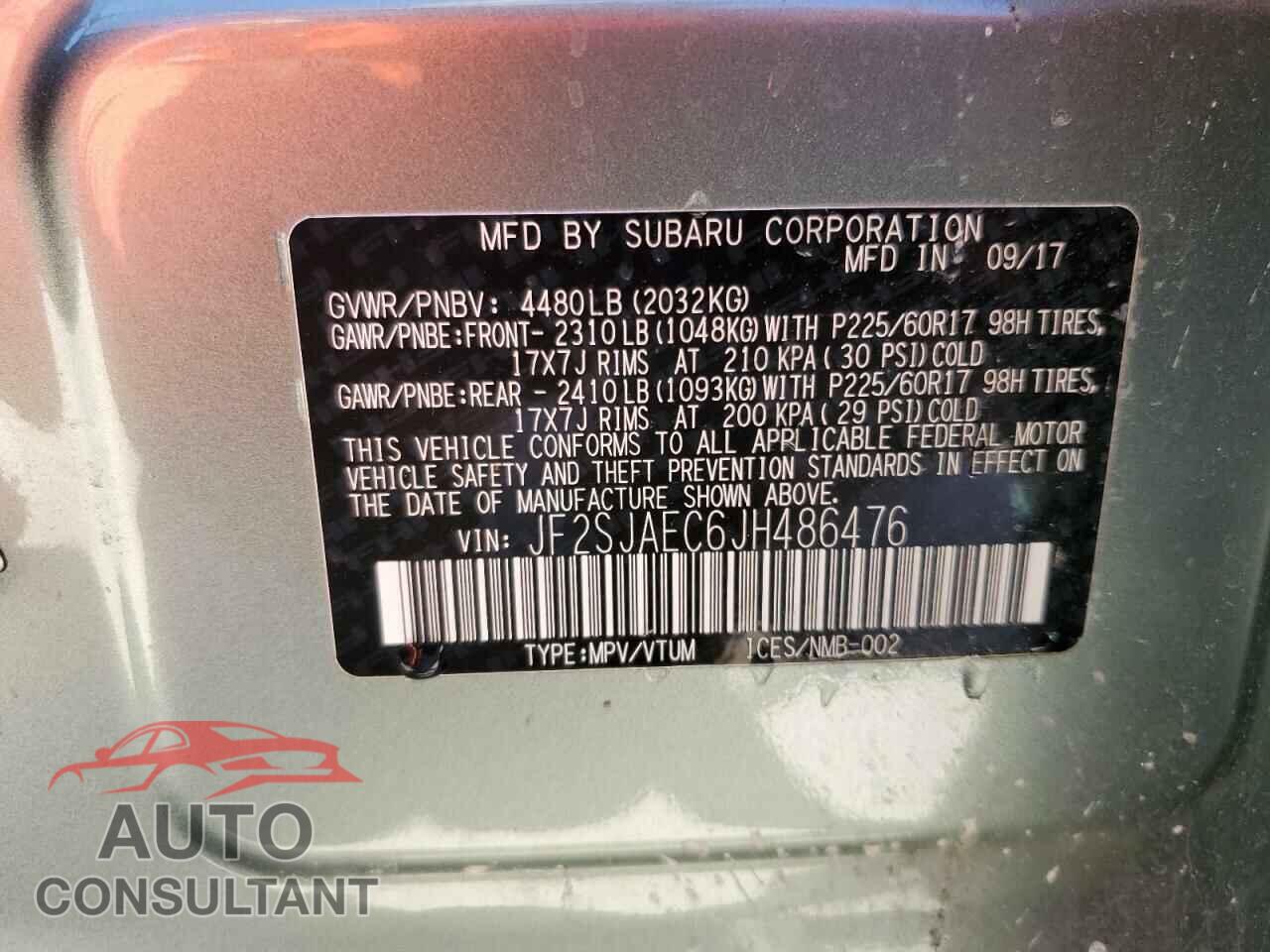 SUBARU FORESTER 2018 - JF2SJAEC6JH486476