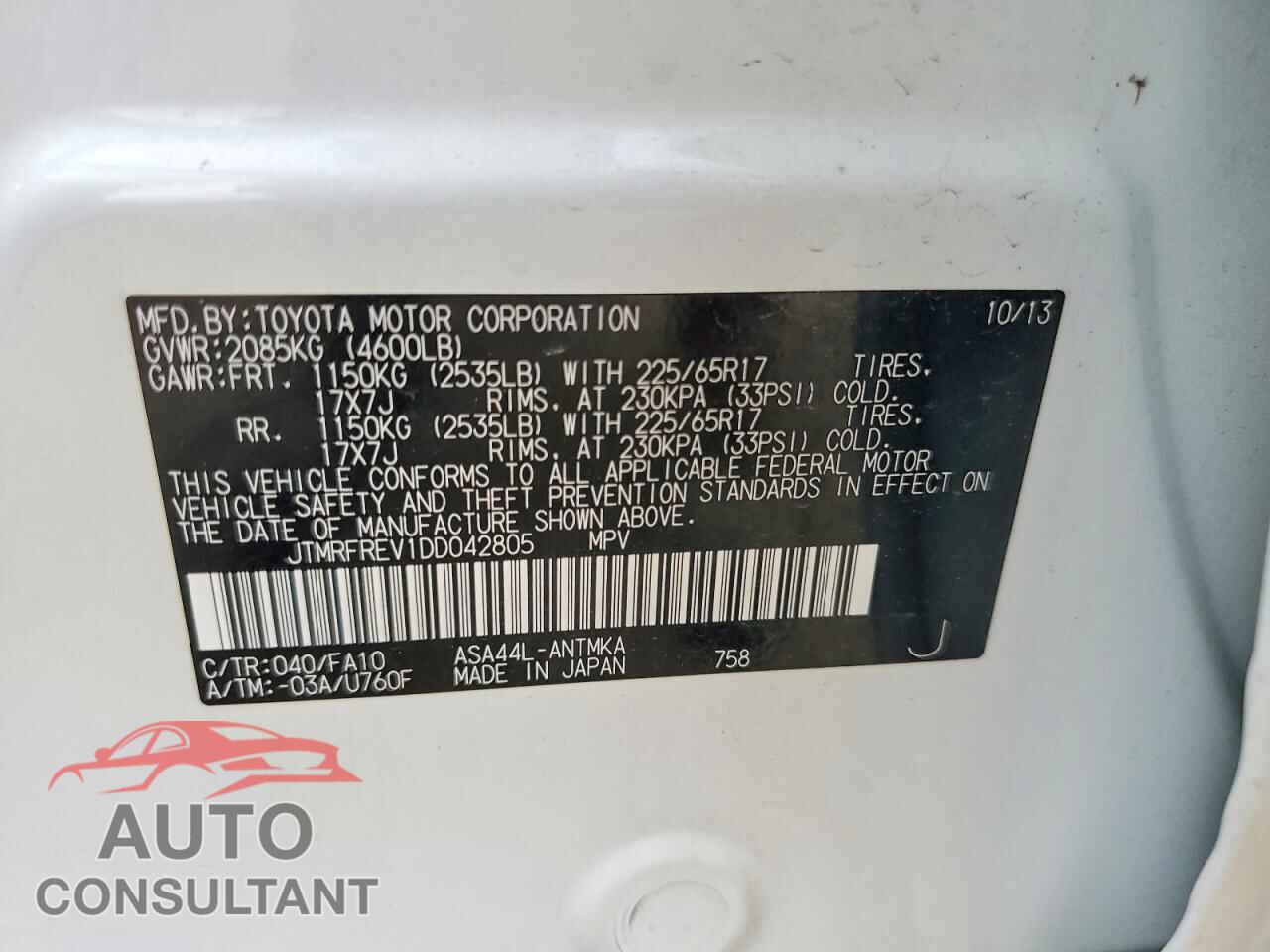 TOYOTA RAV4 2013 - JTMRFREV1DD042805