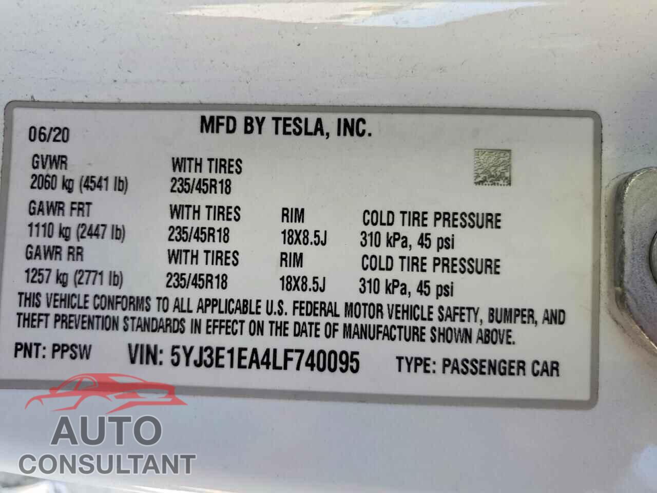 TESLA MODEL 3 2020 - 5YJ3E1EA4LF740095