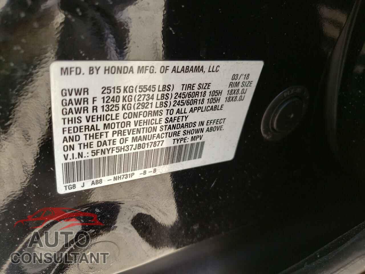 HONDA PILOT 2018 - 5FNYF5H37JB017877