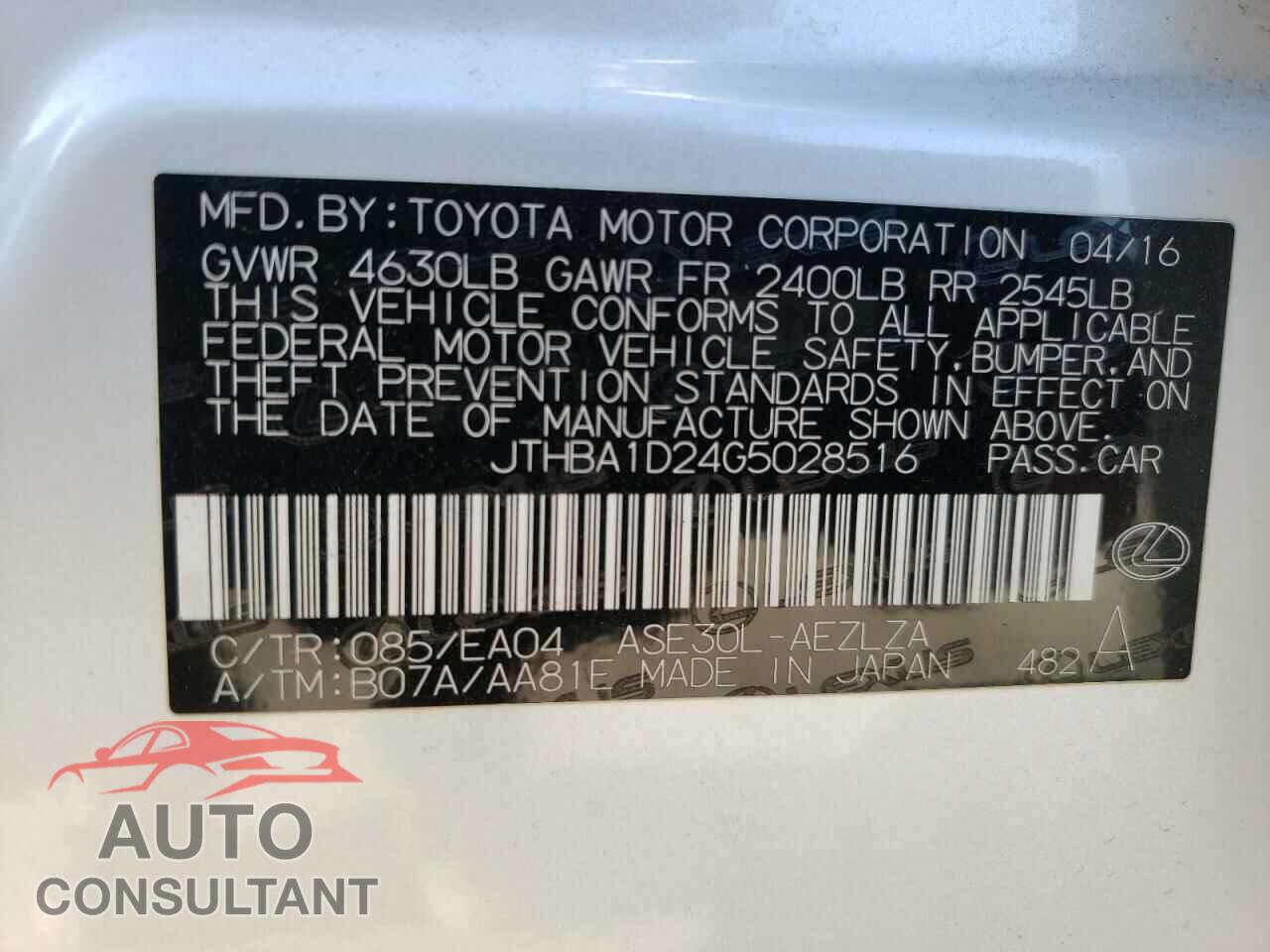 LEXUS IS 2016 - JTHBA1D24G5028516