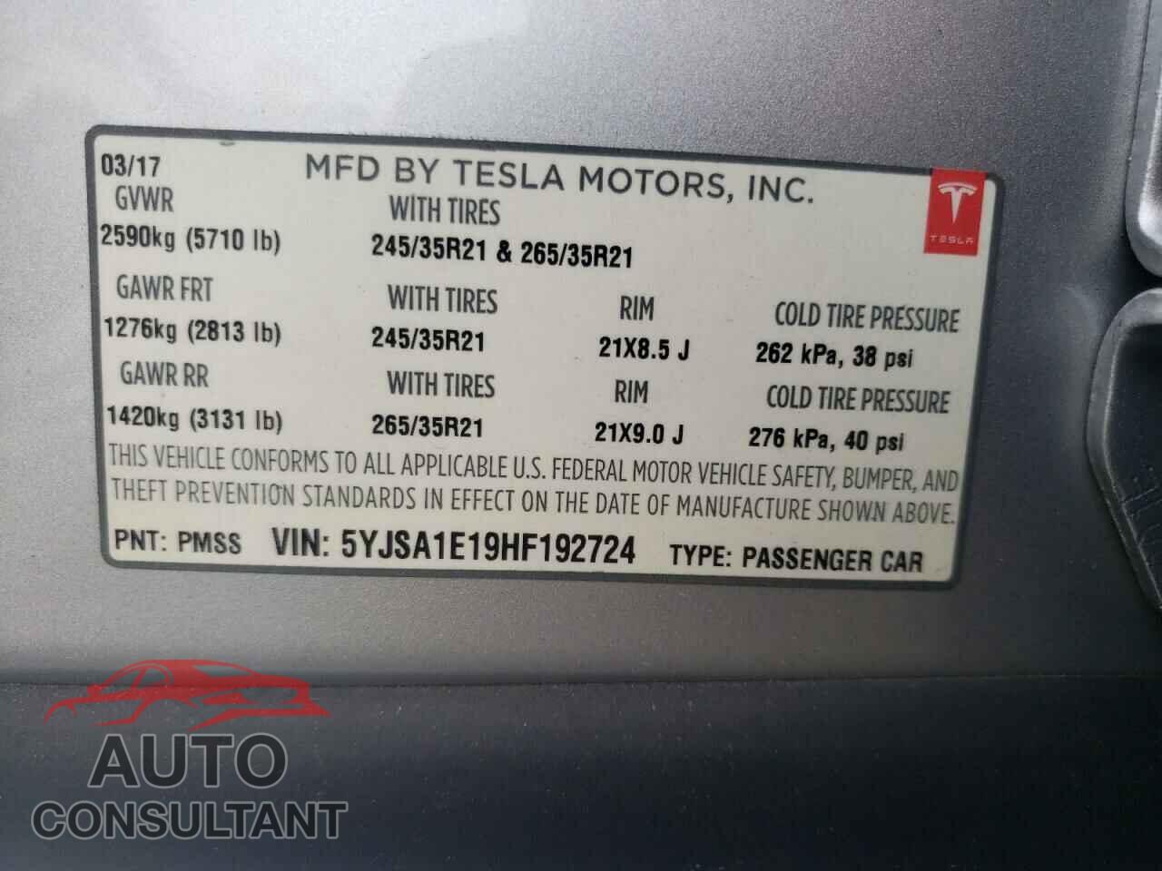 TESLA MODEL S 2017 - 5YJSA1E19HF192724