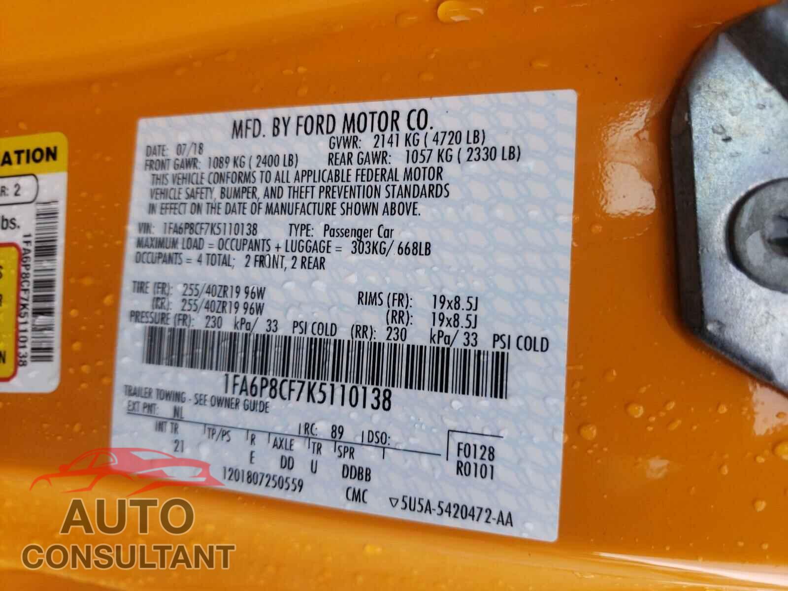 FORD MUSTANG 2019 - 1FA6P8CF7K5110138
