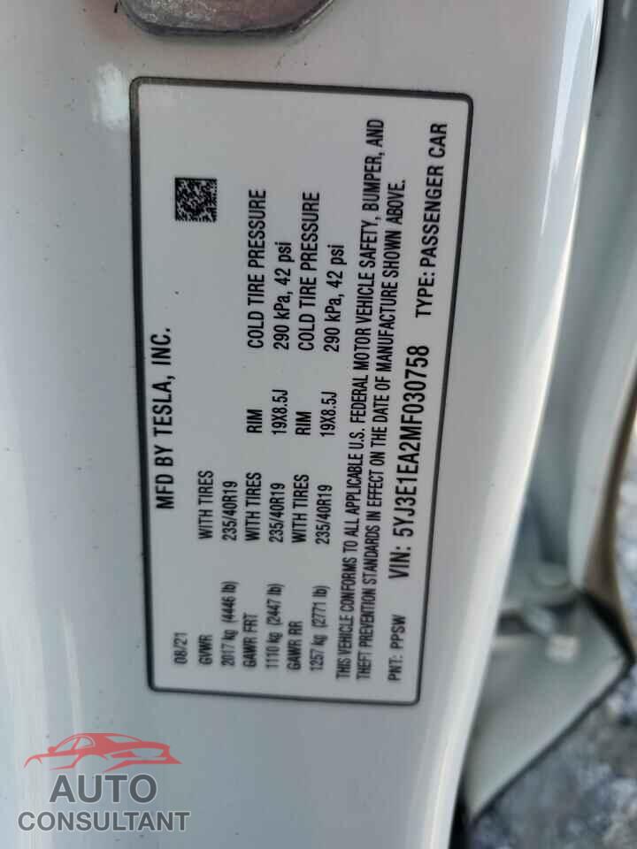 TESLA MODEL 3 2021 - 5YJ3E1EA2MF030758