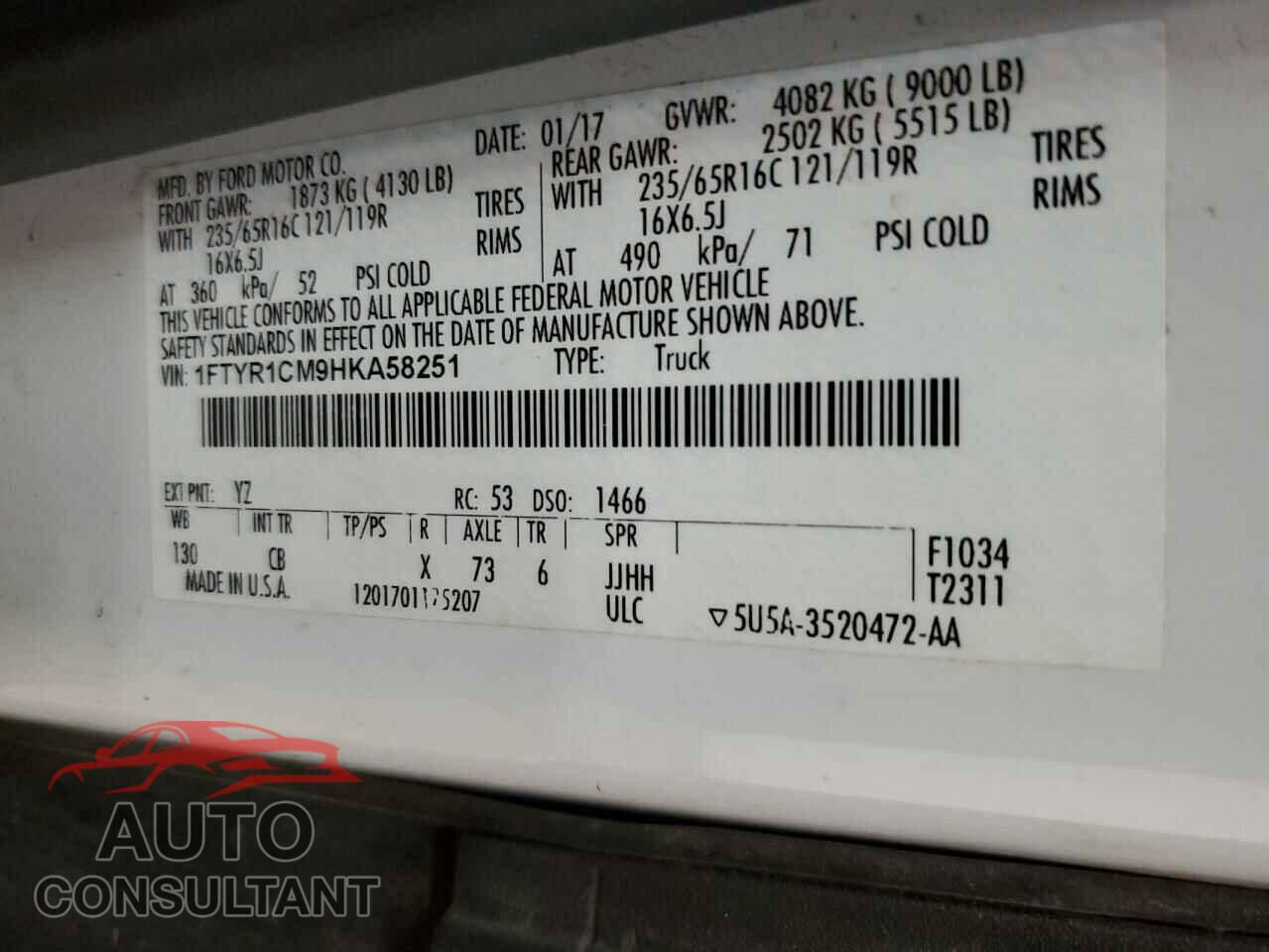 FORD TRANSIT 2017 - 1FTYR1CM9HKA58251