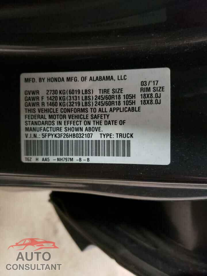 HONDA RIDGELINE 2017 - 5FPYK3F26HB032107