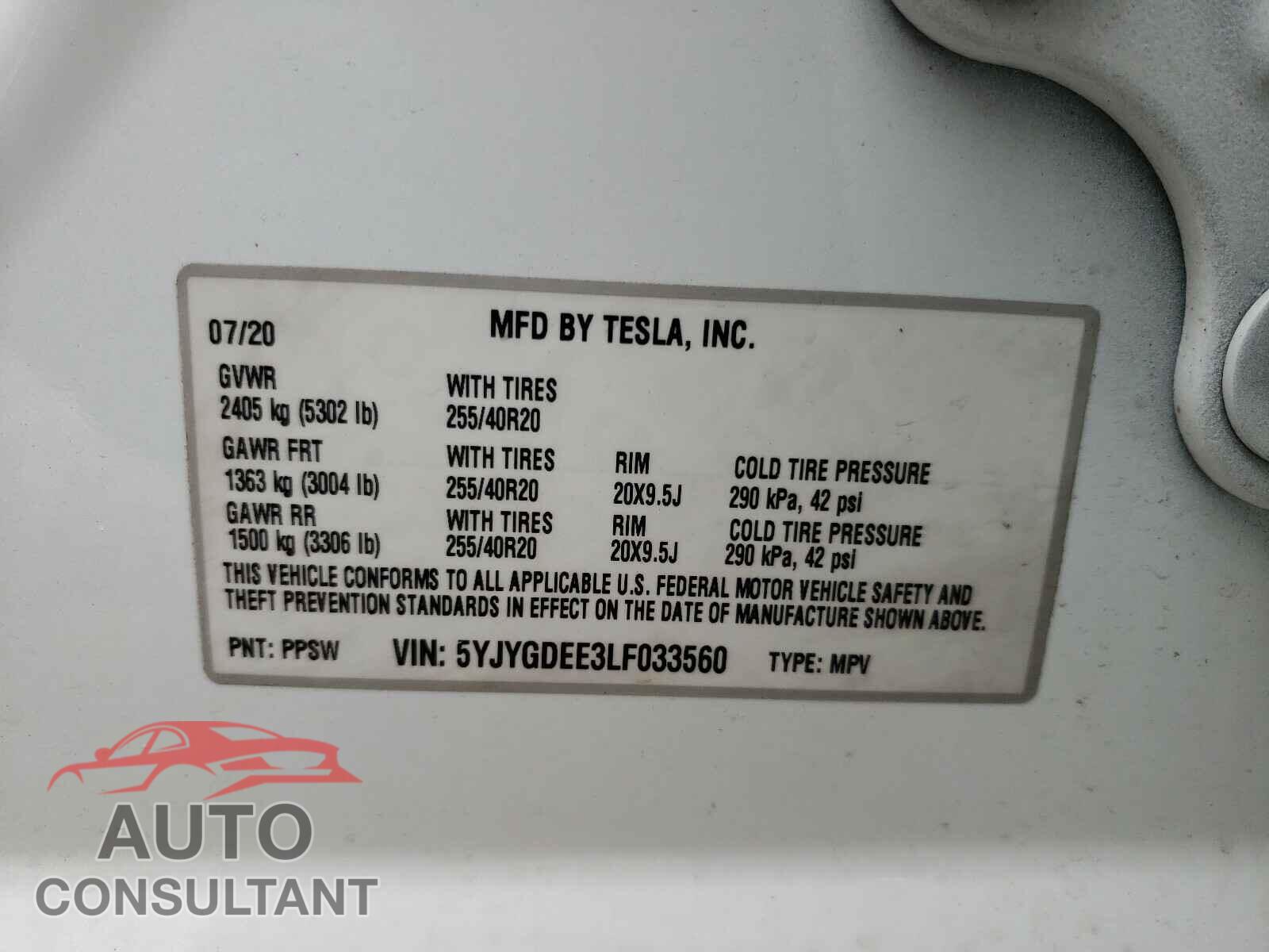 TESLA MODEL Y 2020 - 5YJYGDEE3LF033560