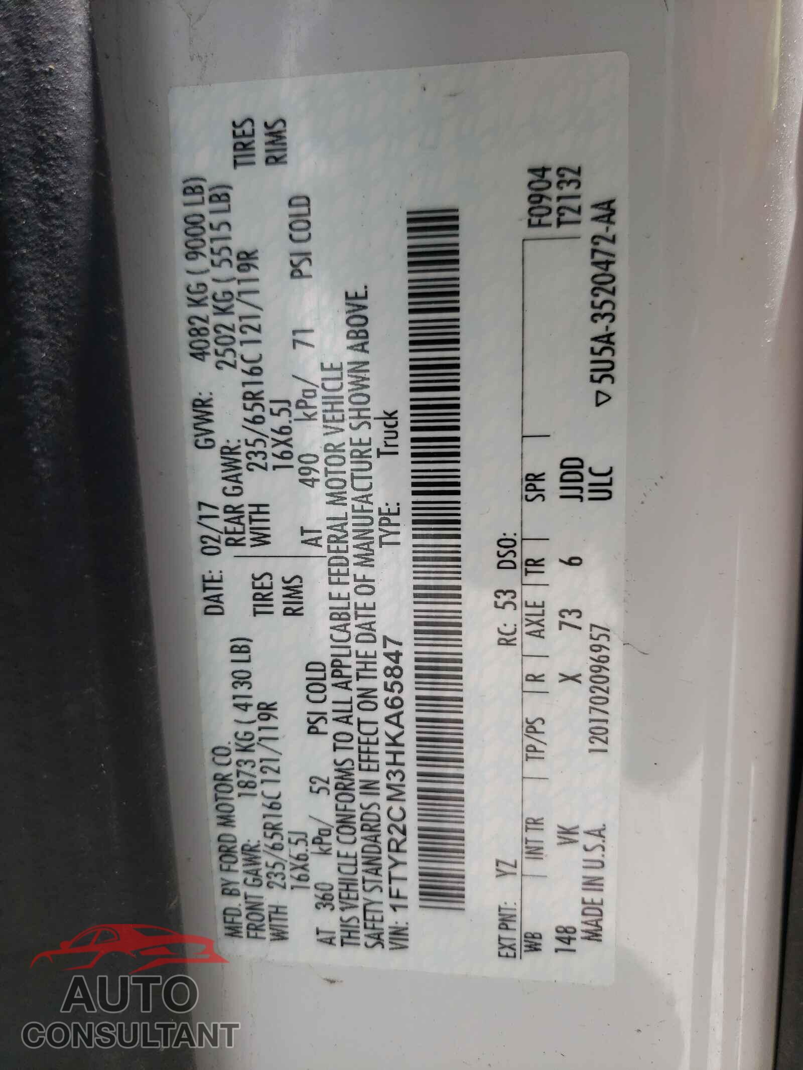 FORD TRANSIT CO 2017 - 1FTYR2CM3HKA65847