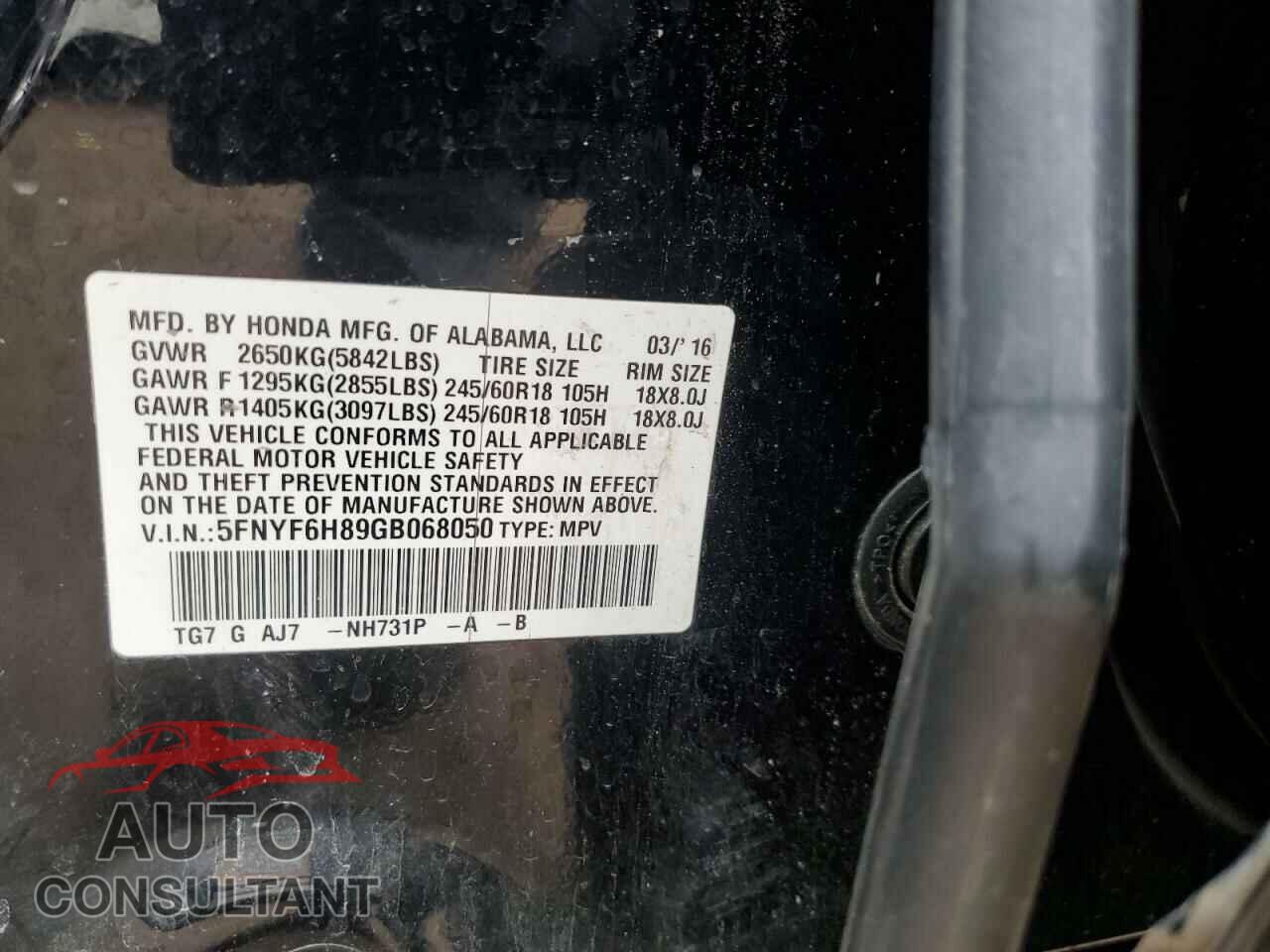 HONDA PILOT 2016 - 5FNYF6H89GB068050