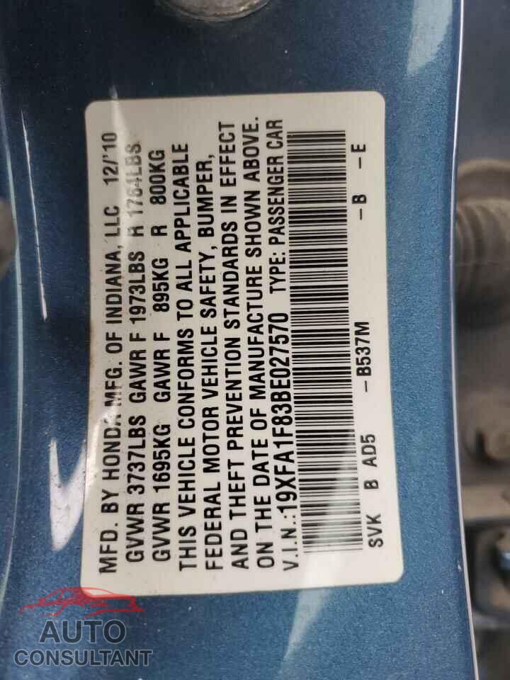 HONDA CIVIC 2011 - 19XFA1F83BE027570