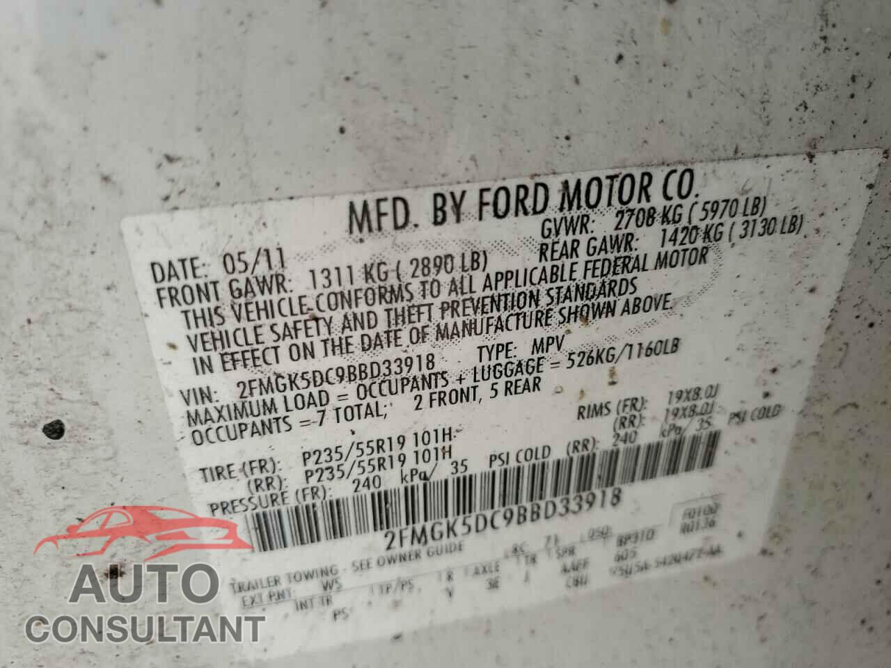 FORD FLEX 2011 - 2FMGK5DC9BBD33918