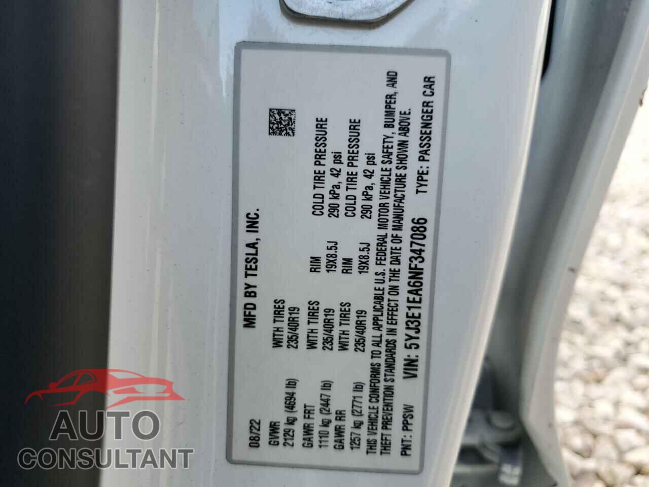 TESLA MODEL 3 2022 - 5YJ3E1EA6NF347086