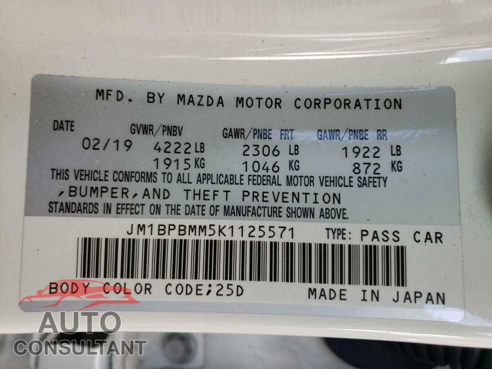 MAZDA 3 2019 - JM1BPBMM5K1125571