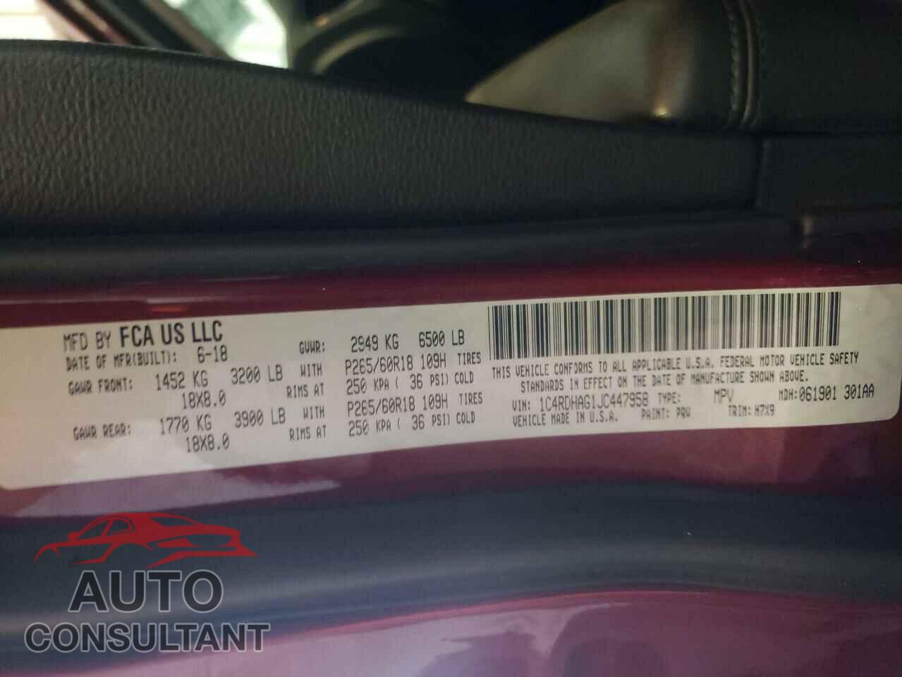 DODGE DURANGO 2018 - 1C4RDHAG1JC447958